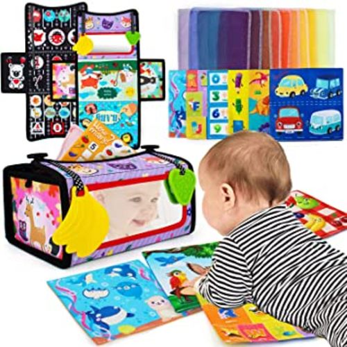 Cawgug Tummy Time Toys, Black and White High Contrast Baby Tissue Box Toy with Sensory Crinkle Papers Colorful Silk Scarves Teethers, Baby Toys 0-6-12 Months Brain Developmental Baby Mirror Toys