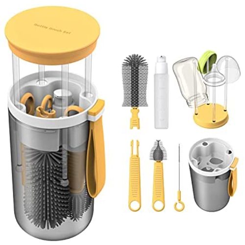 TechoEcho Travel Baby Bottle Brush Set with Extendable Liquid Silicone Bottle Brush,Nipple Brush,Built-in Bottle Drying Rack,Straw Cleaner Brush,Baby Bottle Soap Dispenser,Bottle Warmer (Yellow)