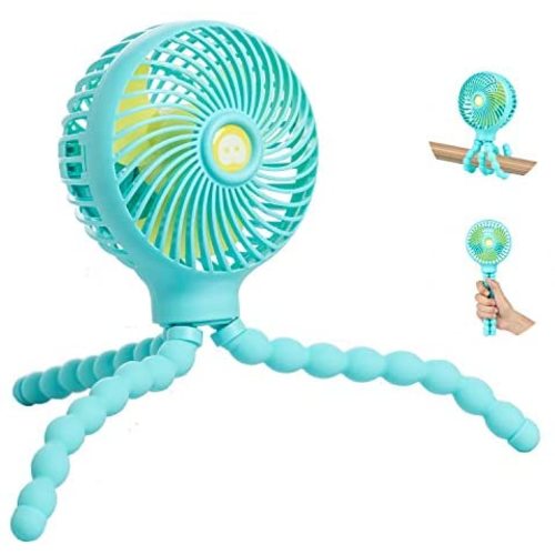 Mini Baby Stroller Fan, Handheld Personal Portable Fan with Flexible Tripod for Stroller Student Bed Desk Bike Crib Car Rides, USB or Battery Powered, Safe Quiet and Long Lasting Charge (Light Blue)