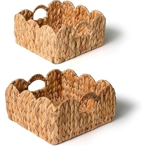 KOKODO Set of 2 Scalloped Wicker Baskets – Handwoven Square Water Hyacinth Storage Baskets with Handles for Organizing, Bathroom, Living Room & Shelf Décor – Decorative Rattan Organizing Bins