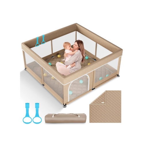Omzer Baby Playpen with Mat 50x50inch: Large Playpen for Babies and Toddlers Indoor Safety Play Pen with Soft Breathable Mesh - All-Wrapped Sponge Sturdy Play Yard with Stable Mat Magic Sticker Beige