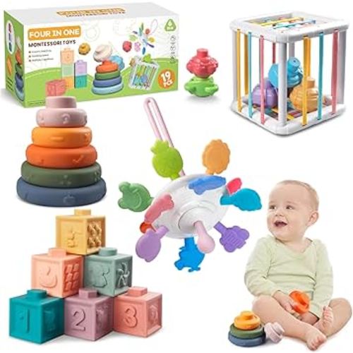 Montessori Baby Toys - Pull String Teether, Stacking Blocks, Sensory Shapes Storage Bin, Infant Bath Time Fun, 4 in 1 Toddlers Toy for Baby Boys Girls