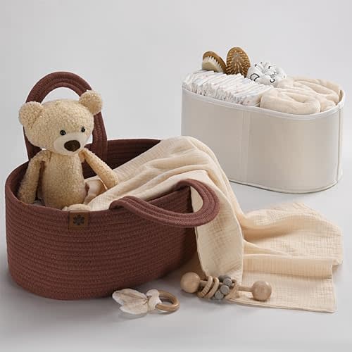 2-in-1 Baby Diaper Caddy Organizer - Cotton Rope, Nursery Storage for Boy, Girl - Changing Table, Car Basket - Portable Diaper, Wipes Holder - Versatile Nursery & Travel Organizer