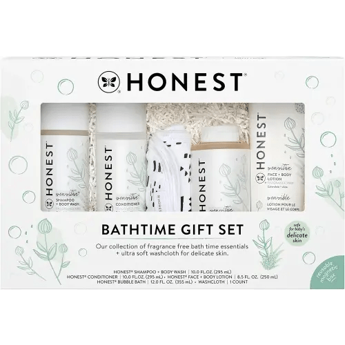 The Honest Company Fragrance Free Bathtime Gift Set | Hypoallergenic Bath Essentials for Sensitive Skin | Shampoo + Body Wash, Face + Body Lotion, Bubble Bath, Conditioner, Wash Cloth