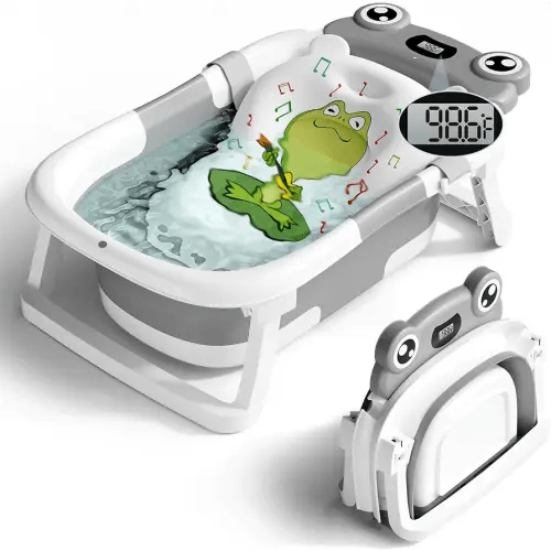 BUNWAG Baby Bathtub, Collapsible Newborn Bathtub for Infant to Toddler with Soft Cushion and Thermometer,Portable Travel Newborn Tub with No-Slip Feet, Baby Shower Gifts, 0-12 Months Baby Bath, Grey
