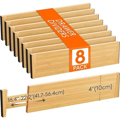 Lifewit 8 Pack Drawer Dividers Bamboo 4" High, 16-22" Adjustable Drawer Organizers for Clothes, Expandable Dresser Separators in Bedroom/Bathroom/Kitchen/Fridge/Office Organization and Storage
