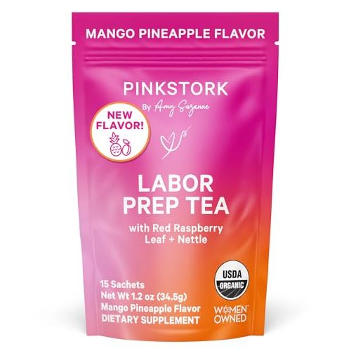Pink Stork Organic Red Raspberry Leaf Labor Prep Tea - Mango-Pineapple with Nettle, and Moringa - Third Trimester Pregnancy Tea - Labor and Delivery Essentials for Women, 30 Cups