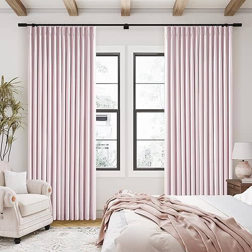 Pale Pink Linen Pinch Pleated Curtains 90 Inches Long Complete Blackout for Girls Bedroom Funky Cute Window Curtains Noise Heat Blocking Heavy Insulated Drapes Baby Pink Dusty Blush for Nursery