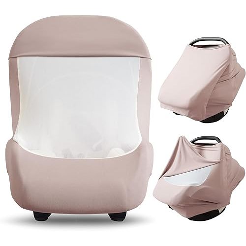 Konssy Muslin Car Seat Covers for Babies, Summer Baby Cart Cover with Breathable Mesh Window, Lightweight & Elastic Infant Car Seat Windproof Canopy for Boys Girls