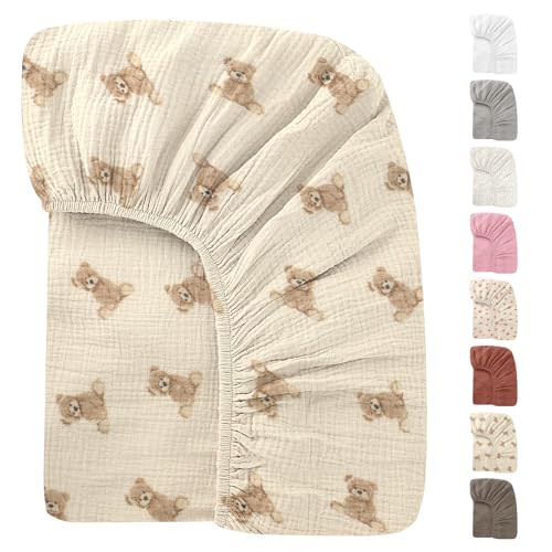 Knirose 52x28 Inches Muslin Crib Sheets Fitted Crib Mattress Sheet for Baby Girls & Boys, 100% Cotton, Soft Boho Neutral Toddler Bedding Bed Sheets Fits Well Standard Size Crib Mattress 28x52 Inches