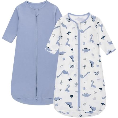 Baby Sleeping Bag 2 Pack Cotton Long Sleeves Wearable Blanket Various Sizes Sleeping Sack Easy Nappy Changing for Boys Girls (Blue Dinosaur, M)