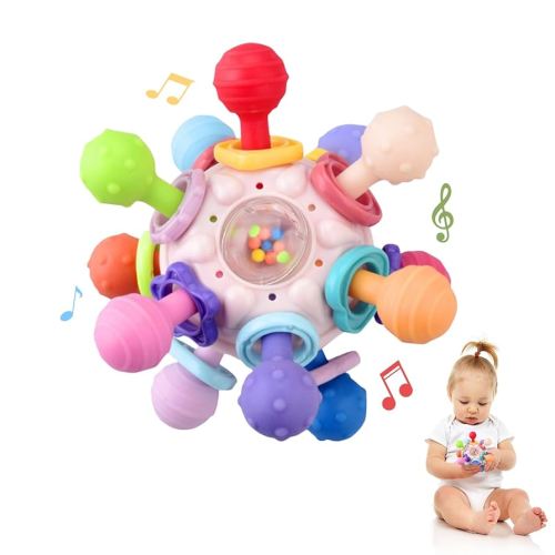Baby Sensory Teething Toys for 0-6 6-12 Months, Infant Montessori Toys, Teethers for Babies 0 3 6 9 12 18 Months, Baby Toys Boys Girls Gifts Newborn Essentials Must Haves (Pink)