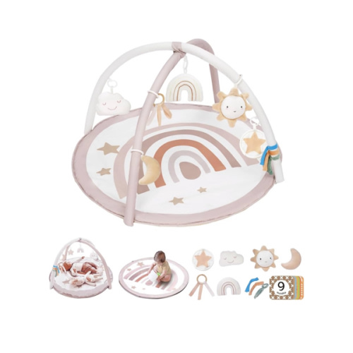 Baby Play Gym Mat, Tummy Time Activity Mat with 7 Detachable Toys and 12 Milestone Cards for Stage-Based Sensory and Motor Skill Development, Washable Play Mats for Infant, Newborn Baby Essentials