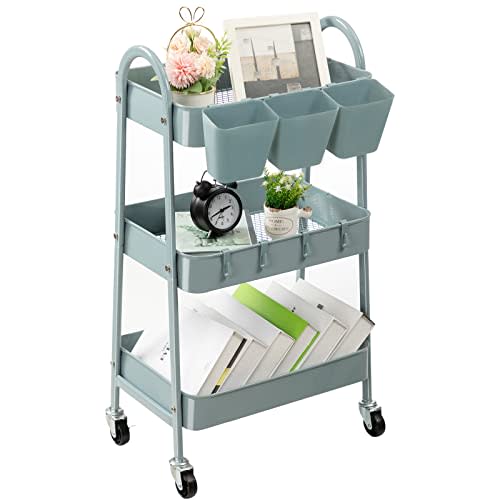danpinera 3-Tier Rolling Cart, Metal Rolling Storage Cart with Lockable Wheels & Hanging Cups & Hooks, Mobile Trolley Cart for Kitchen, Bathroom, Office, Workshop, Gray Blue