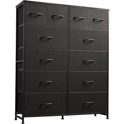 WLIVE Tall Dresser for Bedroom with 12 Drawers, Dressers & Chests of Drawers, Fabric Dresser for Closet, Living Room, Storage Dressers with Storage Drawers, Steel Frame, Wood Top, Charcoal Black