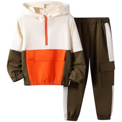 Azmxynol Boys Clothes Kids Little Boy Color Block Half Zip Hoodie & Jogger Pants 2 Piece Outfit Set,4-12 Years