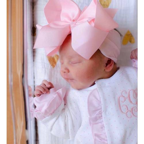 Baby girl coming home outfit, monogrammed footie, newborn clothing, girl clothing, baby shower gift, sleeper, ruffle footie pink dot