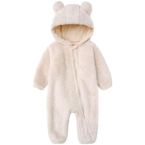 Baby Furry Jumpsuit Infant Bear Onesies Zipper Long Sleeve One-Piece Romper Hoodie Baby Outwear Snowsuit
