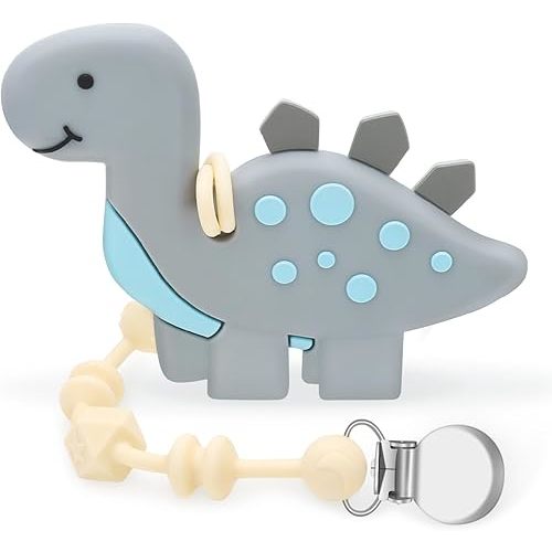 Baby Teething Toys for Babies 0-24 Months, Dinosaur Teether Pain Relief Toy with One Piece Design Pacifier Clip Holder Set, Freezer Safe Neutral Shower Gift for Boys and Girls (Gray)
