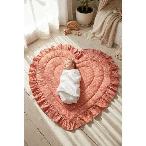 Heart Shaped Baby Play Mat, Vintage Blue Floral Ruffle, Padded Cotton -Sunny Orange-