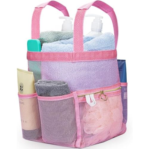 DV Lifestyle Mesh Shower Caddy Dorm, 7 Pockets & 1 with Zipper, Shower Tote with Padded Handles, Travel Portable, Shower Caddy College Room Essentials, Bathroom Shower Bag (Pink)