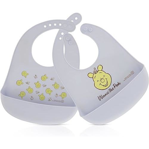 Disney 2-Pack Unisex Baby & Toddler Silicone Bibs with Food Catcher, Soft Waterproof Feeding Accessories
