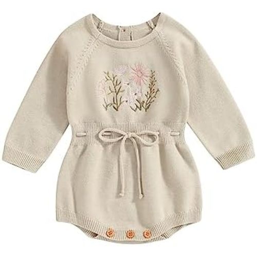 Baby Girl Knitted Romper Sweater Long Sleeve Knit Embroidery Floral One Piece Bodysuits Warm Fall Winter Clothes