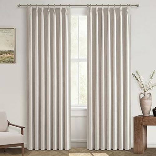 Natural Linen Pinch Pleated Blackout Curtains & Drapes 96 Inch Long Bedroom/Livingroom Farmhouse Curtains 2 Panel Sets, Neutral Track Room Darkening Thermal Insulated 8ft Back Tab Window Curtain