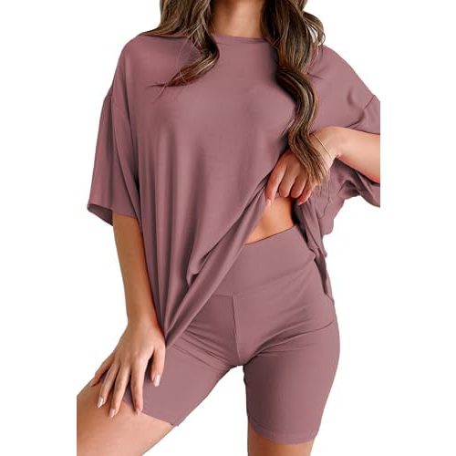 Womens 2 Piece Lounge Set 2025 Summer Travel Outfit Casual Short Sleeve Oversized Tshirts & Biker Shorts