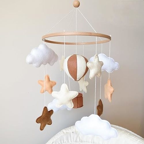 Neutral Hot Air Balloon Mobile for Crib Boho Baby Crib Mobile for Girls Boys Stars & Clouds Hot Air Balloon Baby Mobile for Crib