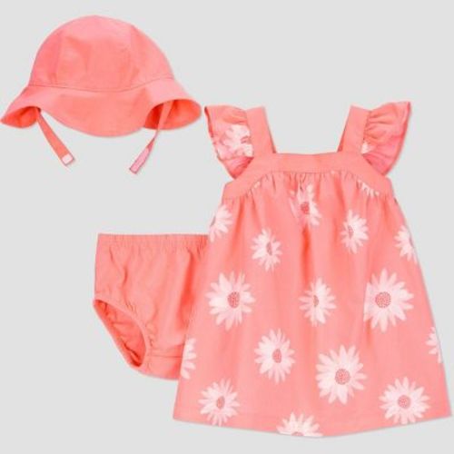Carter's Just One You®️ Baby Girls' Coral Floral Dress With Hat Set - White 6m: Cotton Sun Dress, Diaper Cover, Sleeveless