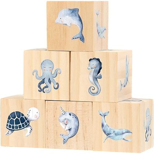 Kigley 6 Pcs Nursery Decor for Girls and Boys Nursery Decor Watercolor Shelf Decor for Bedroom Playroom Gifts(Ocean Nursery Decor)