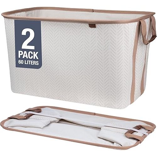 CleverMade Collapsible Laundry Basket Hamper - LUXE Cream Herringbone 2Pack 60L -SpaceSaving Storage Organizer with Handles Foldable Home Organization