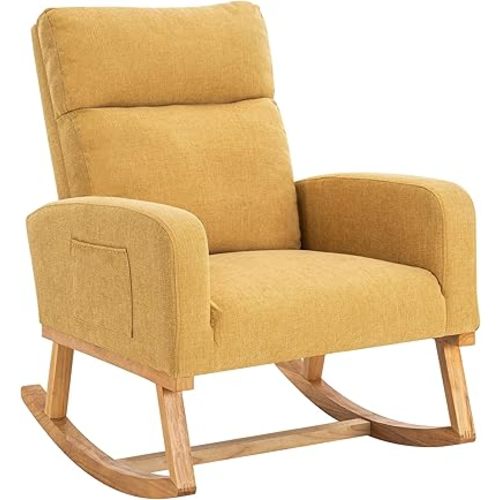 Rocking Chair Nursery, Modern Accent Rocking Chair with High Back, Upholstered Accent Glider Rocker with Extended Wood Legs, Comfy Nursing Chair with Side Pocket for Bedroom Living Room, Yellow