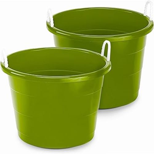 HOMZ 2-Pack Utility Tub, Large Plastic Storage Bucket with Rope Handles, 17 Gallon, Green - Portable Indoor and Outdoor Buckets for Kitchen, Laundry, Garden, Bathroom, and Garage Organization