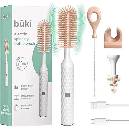 Büki Electric Baby Bottle Cleaning Brush Set - Rechargeable Electric Bottle Brush with Straw Cleaner - Water Bottle Cleaning Kit, Nipple Brush, 1200mAh Brush Cleaner (by Kindersense), Pink
