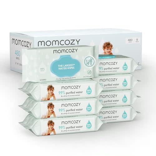 Baby Wipes, Momcozy Water Wipes-Extra Large Size Design, 99% Water Based Wipes, Unscented & Hypoallergenic, Cleansing & Moisturizing Baby Wipes for Sensitive Skin, 8 Flip-Top Packs (480 Wipes Total)