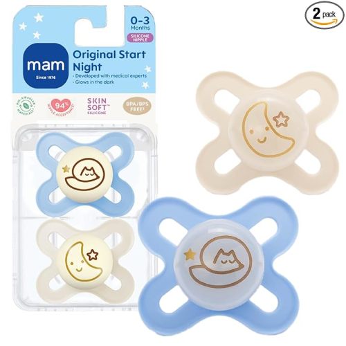 MAM Original Start Baby Pacifiers 0-3 Months, BPA-Free Skin Soft Silicone Nipple, Glows in The Dark, Developed with Medical Experts Specially for Smaller Newborn Mouths, 2 Pk with Sterilizer Case