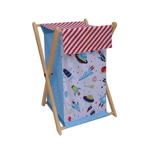 Bacati - Airspace Laundry Hamper with Wooden Frame. Aqua/Red/Orange/Green/Navy