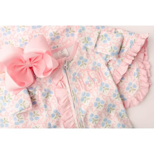 baby girl coming home outfit, grand millennial monogrammed coming home outfit, sk creations, zip footie, ruffle outfit, floral LP
