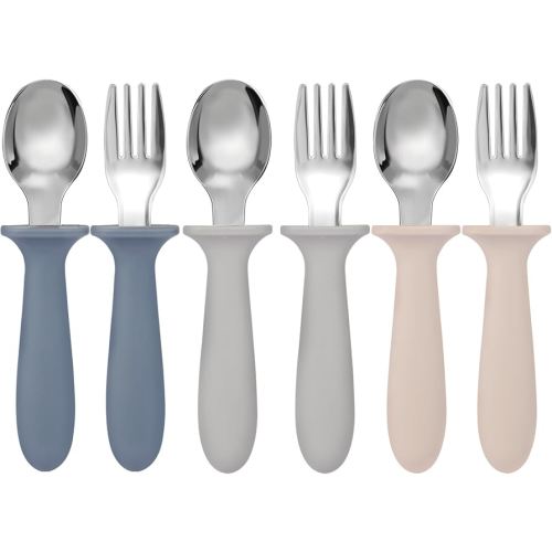 Toddler Forks and Spoons Set, 6 Pack Kids Silverware with Silicone Hand, 18/8 Stainless Steel Children Safe Toddler Utensils, BPA Free, Dishwasher Safe