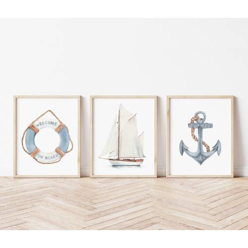 Nautical sailboat print set of 3. Coastal toddler boys room decor. Watercolor sailing boat, anchor, lifebuoy digital prints. Beach art print