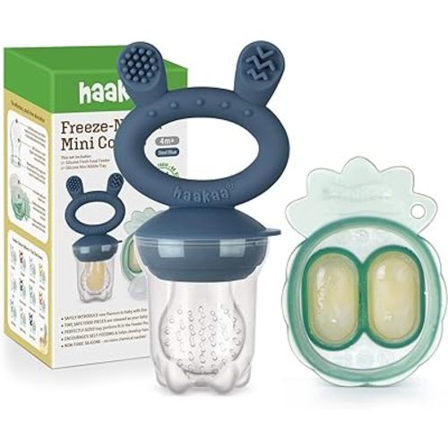 Haakaa Baby Fruit Food Feeder & Mini Freezer Nibble Tray Combo, Breastmilk Popsicle Molds for Baby Cooling Relief, BPA Free Silicone Feeder for Safe Infant Self Feeding, 4 Month+ (Steel Blue)