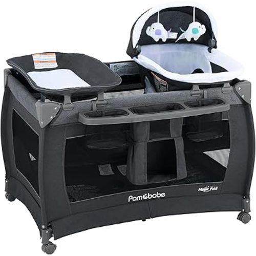 Pamo Babe Magic Fold Playpen Portable Cribs Foldable Playpen Baby Playard One-Hand Folding Playards with Sleep Nest Newborn Bassinet Diaper Changer and Storage Spaces