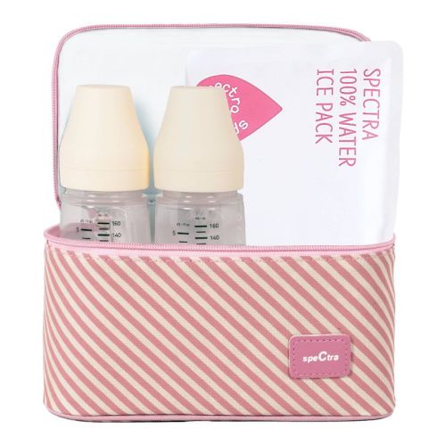 Spectra Pink Striped Cooler With Ice Pack And Breast Milk Bottles Kit