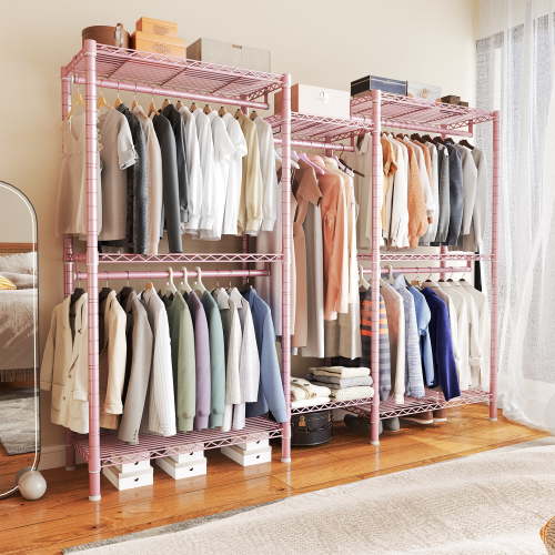 77" H Clothes Rack Load 900LBS, Freestanding Garment Closet with Wire Shelf, Pink
