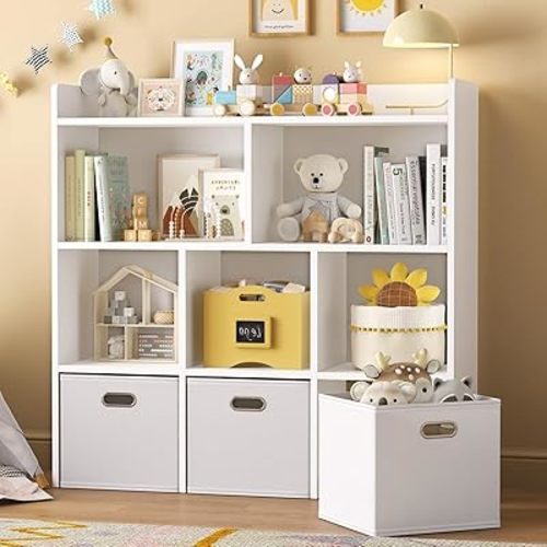 oneinmil Toy Storage Organizer with 3 Drawers, Floor Storage Cabinet Toy Chest with 5 Storage Cubbies, Multifunctional Storage Chest for Playroom, White