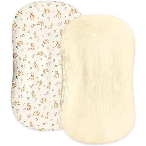 Hooyax Muslin Baby Lounger Cover 2 Pack, Organic Removable Lounger Slipcover for Newborn, Baby Padded Lounger Infant Floor Seat Covers for Boys Girls (Creamy Yellow & Squirrel)