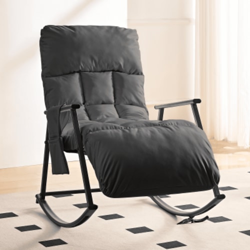 BALUS Rocking Chair, Leather Nursery Recliner with Adjustable Backrest & Footrest, Side Pockets, Modern Living Room Seating Space-Saving Design, Grey