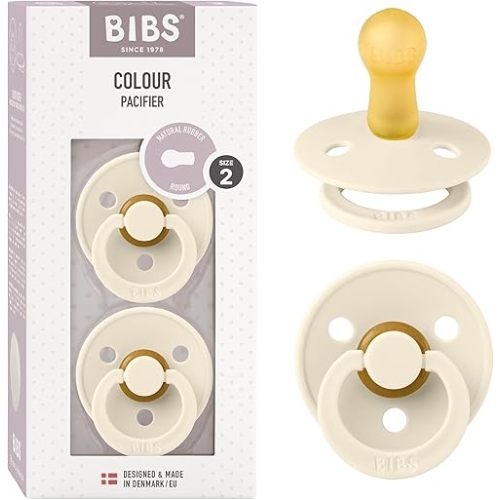 BIBS Pacifiers Colour Collection | Natural Rubber Baby Pacifier | Round Nipple | Set of 2 BPA-Free Soothers | Made in Denmark | 6+ Months (Pack of 2) | Ivory